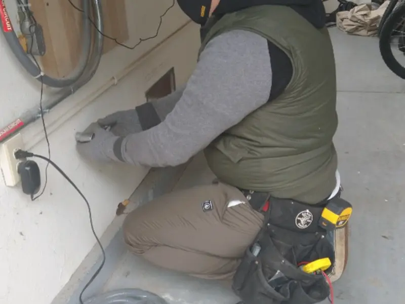 Electrician performing outlet wiring in a Tontitown garage